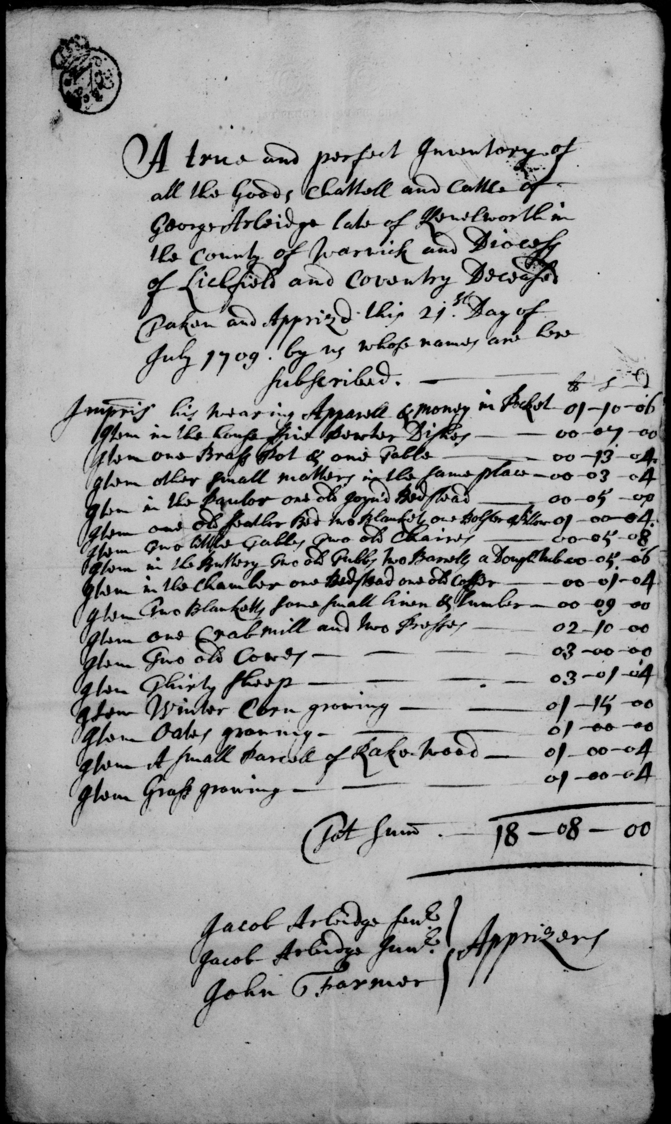 George's Probate Inventory of 1709